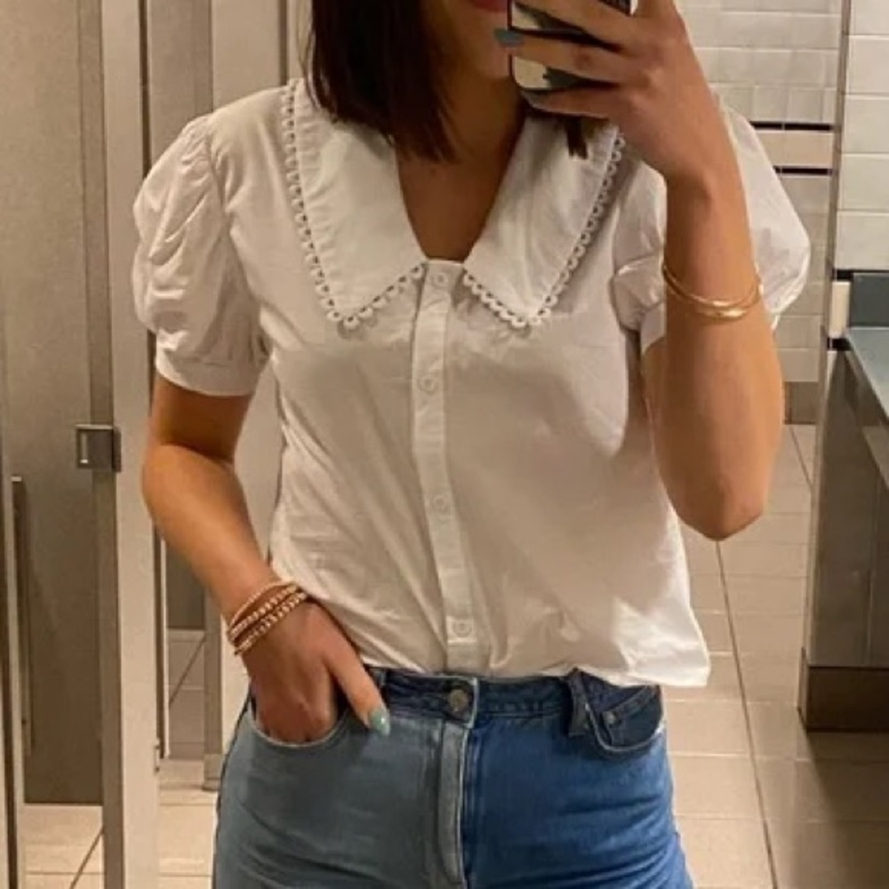 Ellison White Collard Puff Sleeve Button-Down Blouse - Picture 4 of 7